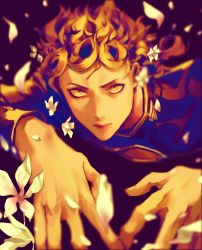 Rule 34 | 1boy, bad id, bad pixiv id, blonde hair, blurry, face, flower, foreshortening, giorno giovanna, jojo no kimyou na bouken, lying, male focus, on stomach, petals, solo, vento aureo, yellow eyes, yelsh
