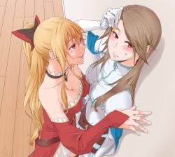 Rule 34 | 2girls, :d, against wall, bare shoulders, black bow, blonde hair, blush, bow, breasts, brown hair, choker, cleavage, closed mouth, dress, eyes visible through hair, from above, gloves, granblue fantasy, hair between eyes, hair bow, kabedon, katalina (granblue fantasy), long hair, looking at another, looking away, medium breasts, miso-ha (ukyuu), multiple girls, neck, off-shoulder dress, off shoulder, open mouth, ponytail, red bow, red eyes, smile, standing, sweat, vira (granblue fantasy), white gloves, wooden floor, yuri