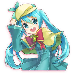 Rule 34 | 1girl, :d, aqua eyes, aqua hair, bow, bowtie, capelet, cosplay, deerstalker, green capelet, hat, hatsune miku, highres, long hair, looking at viewer, open mouth, simple background, smile, solo, tantei opera milky holmes, twintails, very long hair, vocaloid, white background, yamori (stom)