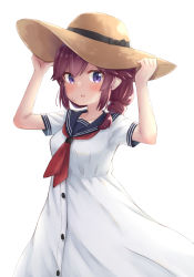 Rule 34 | 1girl, arms up, black sailor collar, blush, breasts, brown hair, brown hat, dress, hair between eyes, hands on headwear, hat, highres, kuramoto takato, long hair, looking at viewer, machikado mazoku, neckerchief, parted lips, purple eyes, red neckerchief, sailor collar, sailor dress, short sleeves, simple background, small breasts, solo, sun hat, sweat, white background, white dress, yoshida ryouko