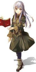 Rule 34 | 1girl, book, closed mouth, fire emblem, fire emblem: three houses, full body, fuussu (21-kazin), highres, long hair, long sleeves, lysithea von ordelia, nintendo, open book, pantyhose, pink eyes, simple background, smile, solo, uniform, white background, white hair