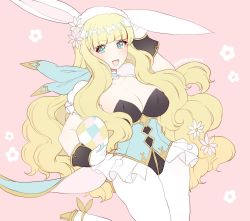 Rule 34 | 1girl, animal ears, arm up, bad id, bad twitter id, blonde hair, blue eyes, breasts, charlotte (fire emblem), choker, cleavage, easter egg, egg, fake animal ears, fire emblem, fire emblem fates, fire emblem heroes, frilled choker, frills, gloves, holding, large breasts, leotard, long hair, nintendo, open mouth, pantyhose, pink background, plushcharm, rabbit ears, simple background, solo, twitter username, white gloves, white pantyhose