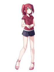 Rule 34 | 1girl, :o, bare legs, black shorts, blush, breast pocket, buttons, collared shirt, full body, ginopi, green eyes, highres, kurosawa ruby, legs apart, looking at viewer, love live!, love live! school idol festival, love live! sunshine!!, own hands together, parted lips, pink footwear, pocket, red hair, red shirt, sandals, shirt, short shorts, short sleeves, short twintails, shorts, simple background, solo, standing, toes, twintails, two side up, white background, wing collar
