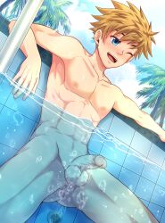 Rule 34 | 1boy, absurdres, blonde hair, blue eyes, blue sky, bubble, completely nude, connor bleufin, cowboy shot, dutch angle, highres, in water, light smile, male focus, mikkoukun, nipples, nude, one eye closed, original, outdoors, palm tree, partially submerged, partially underwater shot, penis, pool, sky, solo, teeth, testicles, tree, uncensored, underwater, upper teeth only, water