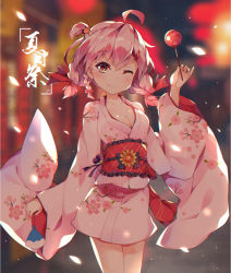 Rule 34 | 1girl, ;), ahoge, autumn, blurry, blush, breasts, candy apple, chromatic aberration, cleavage, collarbone, dango remi, depth of field, festival, floral print, hair ribbon, highres, japanese clothes, kimono, long sleeves, looking at viewer, medium breasts, mole, mole on breast, obi, one eye closed, original, ribbon, sash, short hair, short kimono, short yukata, smile, solo, wide sleeves, yukata