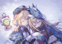 Rule 34 | 2girls, azur lane, beret, black scarf, blonde hair, blue cape, blue headwear, brown shirt, cape, closed eyes, coat, epaulettes, gloves, hair ornament, hands on another&#039;s shoulders, hardy (azur lane), hat, heads together, highres, holding, hunter (azur lane), ioniccrystal, lantern, light brown hair, military, military hat, military uniform, multiple girls, navel, on ground, scarf, shirt, shorts, sleeping, smile, trench coat, tricorne, uniform, upper body, white gloves, white shorts, wing collar