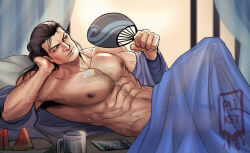 Rule 34 | 1boy, abs, armpit hair, armpit peek, bara, bed sheet, black male underwear, elbow rest, feet out of frame, from side, handheld fan, highres, knee up, large pectorals, male focus, male underwear, male underwear peek, mature male, mortal kombat (series), mortal kombat 1 (2023), muscular, muscular male, naked sheet, navel, navel hair, nipples, on bed, paid reward available, pectorals, see-through silhouette, solo, sparse chest hair, stomach, sub-zero, sweat, tazahan, thick eyebrows, topless male, underwear, very sweaty, watching television