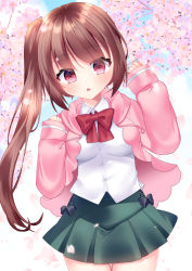 Rule 34 | 1girl, :o, black bow, blush, bow, brown hair, clip studio paint (medium), commentary request, drawstring, flower, green skirt, hands up, hood, hood down, hooded jacket, jacket, long hair, long sleeves, looking at viewer, misaki (misaki86), open clothes, open jacket, original, parted lips, petals, pink flower, pink jacket, pleated skirt, red bow, red hair, side ponytail, sidelocks, skirt, sleeves past wrists, solo, very long hair