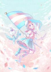 Rule 34 | 1girl, bird, blonde hair, blue sailor collar, blue sky, boots, cat, cloud, faux traditional media, flag, flying, hat, highres, holding, holding flag, lgbt pride, liely life, looking at viewer, marching band, open mouth, original, pleated skirt, purple eyes, sailor collar, shako cap, skirt, sky, transgender flag, watercolor effect
