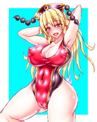 Rule 34 | 1girl, armpits, arms behind head, arms up, blonde hair, blush, breasts, cameltoe, cleavage, cleft of venus, competition swimsuit, covered erect nipples, covered navel, curvy, harumi (harumix), heart, heart-shaped pupils, junko (touhou), large breasts, long hair, looking at viewer, one-piece swimsuit, open mouth, puffy nipples, red eyes, smile, solo, standing, swimsuit, symbol-shaped pupils, touhou, wide hips