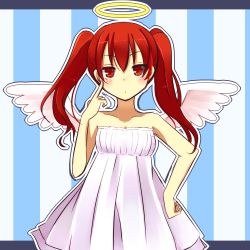 Rule 34 | 1girl, :o, angel, angel wings, dress, finger to cheek, halo, hand on own hip, kyoubashi amane, long hair, pxchop, red eyes, red hair, school girl strikers, solo, strapless, strapless dress, twintails, white dress, wings