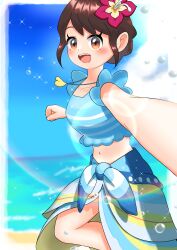 Rule 34 | 1girl, absurdres, aqua bikini, aqua sarong, armpits, artist request, beach, bikini, braid, braided bun, breasts, brown eyes, brown hair, child, collarbone, creatures (company), day, eyelashes, female focus, flower, flower on head, from side, game freak, gloria (pokemon), gloria (summer 2021) (pokemon), hair bun, happy, highres, huge filesize, jewelry, knee up, looking at viewer, matching hair/eyes, medium hair, midriff, navel, neck, necklace, nintendo, ocean, official alternate costume, official alternate hairstyle, open mouth, outdoors, outstretched arm, pokemon, pokemon masters ex, sarong, selfie, sidelocks, sky, small breasts, sparkle, standing, standing on one leg, summer, sunlight, swept bangs, swimsuit, water drop