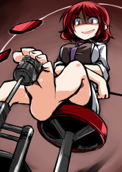 Rule 34 | 1girl, barefoot, breasts, commentary request, crazy eyes, crazy smile, crossed arms, drum, drum set, feet, foot focus, from below, hemogurobin a1c, horikawa raiko, instrument, jacket, large breasts, open clothes, open jacket, pedal, red eyes, red hair, sexually suggestive, shaded face, shirt, sitting, skirt, skirt set, smile, soles, solo, stool, suggestive fluid, toes, touhou, troll face