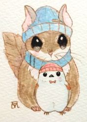 Rule 34 | animal, animal focus, artist logo, bird, blue headwear, blue scarf, bow, bowtie, commentary request, fluefluekoubo26, friends, highres, long-tailed tit, looking at viewer, no humans, original, painting (medium), pink headwear, red bow, red bowtie, scarf, simple background, squirrel, tit (bird), traditional media, watercolor (medium), white background, winter hat