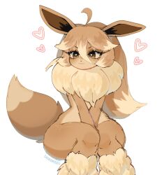 Rule 34 | 1girl, ahoge, between legs, brown eyes, brown hair, chikomokii, commentary, creatures (company), eevee, feet out of frame, furry, furry female, game freak, gen 1 pokemon, hair between eyes, hand between legs, heart, heart-shaped pupils, highres, long hair, nintendo, pokemon, simple background, sitting, solo, symbol-shaped pupils, tail, white background, wide hips