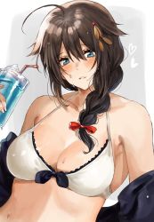 Rule 34 | 1girl, ahoge, bikini, blue eyes, blush, braid, breasts, brown hair, cup, drinking straw, hair flaps, hair ornament, hair ribbon, heart, highres, holding, inusaka, kantai collection, large breasts, long hair, ribbon, shigure (kancolle), shigure kai ni (kancolle), simple background, single braid, smile, solo, sweat, swimsuit, two-tone background, upper body, white bikini