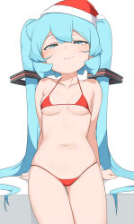 Rule 34 | 1girl, abmayo, absurdres, alternate costume, arm support, bare arms, bare shoulders, bikini, blue eyes, blue hair, breasts, closed mouth, collarbone, commentary, double-parted bangs, hair between eyes, hair ornament, hat, hatsune miku, highres, long hair, looking at viewer, medium breasts, micro bikini, navel, red bikini, red hat, santa bikini, santa hat, simple background, sitting, sitting on object, smirk, solo, swimsuit, symbol-only commentary, twintails, very long hair, vocaloid, white background