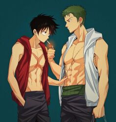 Rule 34 | 2boys, abs, aqua background, black eyes, black hair, cigarette, cowboy shot, earrings, facial scar, green hair, hand in pocket, hand on another&#039;s waist, haramaki, highres, holding, holding lighter, implied yaoi, jacket, jewelry, leyuan, lighter, lighting cigarette, looking at another, male focus, monkey d. luffy, mouth hold, multiple boys, navel, one eye closed, one piece, open clothes, open jacket, roronoa zoro, scar, scar across eye, scar on cheek, scar on chest, scar on face, short hair, sideburns, simple background, single earring, sleeveless, sleeveless jacket