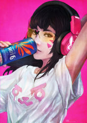 Rule 34 | 1girl, absurdres, arm behind back, arm up, bespectacled, black eyes, black hair, breasts, can, casual, d.va (overwatch), drink can, drinking, energy drink, facepaint, facial mark, glasses, headphones, highres, holding, lips, monori rogue, overwatch, overwatch 1, parted lips, pink background, rimless eyewear, shirt, short hair, short sleeves, simple background, soda can, solo, upper body, whisker markings, white shirt