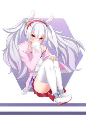 Rule 34 | 1girl, absurdres, animal ears, azur lane, bare shoulders, blush, boots, camisole, collarbone, commentary request, covered mouth, hair between eyes, hair ornament, hairband, hand on own knee, highres, jacket, laffey (azur lane), long hair, long sleeves, off shoulder, pink jacket, pleated skirt, rabbit ears, red eyes, red hairband, red skirt, sato (r017xts117), sidelocks, silver hair, sitting, skirt, sleeves past wrists, solo, strap slip, thigh boots, thighhighs, twintails, very long hair, white camisole, white footwear, white thighhighs