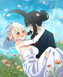 Rule 34 | 2girls, black hair, blonde hair, blue sky, blush, breasts, bridal gauntlets, bridal veil, carrying, cleavage, day, dress, elbow gloves, eye contact, fang, female focus, field, flower, flower field, formal, gloves, hair flower, hair ornament, happy, highres, inoue takina, large breasts, long hair, looking at another, lycoris recoil, multiple girls, necktie, nishikigi chisato, open mouth, outdoors, petals, ponytail, princess carry, purple eyes, rainbow, red eyes, red necktie, scrunchie, short hair, skin fang, sky, smile, suit, sunlight, veil, wedding dress, white gloves, wife and wife, yghm, yuri