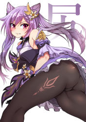 Rule 34 | 1girl, ass, bare shoulders, blush, breasts, cameltoe, dress, from behind, ft, genshin impact, gloves, hair ornament, huge ass, keqing (genshin impact), long hair, looking at the side, looking at viewer, medium breasts, pantyhose, purple eyes, purple hair, shiny clothes, shiny skin, short dress, sideboob, skirt, solo, twintails, very long hair