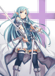 Rule 34 | 1girl, asuna (sao), asuna (sao-alo), bare shoulders, blue eyes, blue hair, blue thighhighs, boots, breasts, commentary request, dress, feet out of frame, fingerless gloves, gabiran, gloves, holding, holding sword, holding weapon, long hair, medium breasts, miniskirt, pointy ears, puffy short sleeves, puffy sleeves, short sleeves, skirt, solo, sword, sword art online, tabard, thighhighs, weapon, white footwear, zettai ryouiki