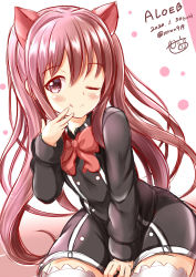 Rule 34 | 1girl, ;q, aloe (quiz magic academy), animal ears, between legs, black dress, blush, bow, brown background, brown eyes, brown hair, cat ears, closed mouth, collared dress, dress, gradient background, hair between eyes, hand between legs, hand up, highres, long hair, long sleeves, one eye closed, quiz magic academy, red bow, sleeves past wrists, smile, solo, thighhighs, tongue, tongue out, twintails, very long hair, white background, white thighhighs, xenon (for achieve)