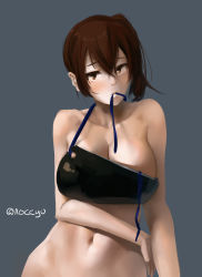 Rule 34 | 10s, 1girl, absurdres, blush, breasts, brown eyes, brown hair, cleavage, collarbone, commentary request, female focus, grey background, highres, kaga (kancolle), kantai collection, large breasts, looking at viewer, mouth hold, muneate, navel, noccu, side ponytail, simple background, solo, stomach, twitter username, undressing, upper body, wide hips