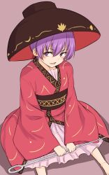 Rule 34 | 1girl, bowl, bowl hat, commentary, hat, highres, japanese clothes, kakone, kimono, long sleeves, looking at viewer, needle, one-hour drawing challenge, open mouth, purple eyes, purple hair, red kimono, sash, short hair, simple background, sitting, solo, touhou, wide sleeves