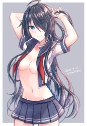 Rule 34 | 1girl, ahoge, black hair, blue eyes, blue sailor collar, blue skirt, border, breasts, commentary request, cowboy shot, dated, grey background, hair ornament, hair over one eye, hairclip, kabocha torute, kako (kancolle), kantai collection, long hair, looking at viewer, medium breasts, messy hair, open clothes, parted bangs, pleated skirt, sailor collar, sailor shirt, shirt, simple background, skirt, solo, twitter username, white border