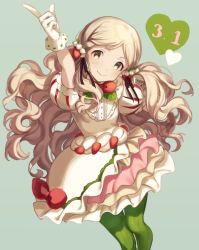 Rule 34 | 10s, 1girl, arm up, big hair, birthday, black ribbon, blush, bow, breasts, closed mouth, cream, dated, dress, food, food-themed clothes, food-themed hair ornament, frills, fruit, gloves, green background, green pantyhose, grey hair, hair ornament, hair ribbon, hand in own hair, handa roco, head tilt, heart, idolmaster, idolmaster million live!, layered dress, long hair, looking at viewer, low twintails, mimizubare, pantyhose, petticoat, puff and slash sleeves, puffy short sleeves, puffy sleeves, red bow, ribbon, short dress, short sleeves, simple background, small breasts, smile, solo, standing, strawberry, twintails, very long hair, wavy hair, white dress, white gloves, yellow eyes