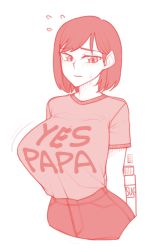 Rule 34 | 1girl, blush, bottle, breasts, closed mouth, clothes writing, ekz (robotekz), embarrassed, english text, flying sweatdrops, hiding, highres, huge breasts, johny johny yes papa, large breasts, looking away, meme, monochrome, original, red theme, shirt, shirt tucked in, short hair, shy, solo, sugar (food), sweat