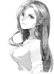 Rule 34 | 1girl, breasts, closed mouth, commentary, earrings, final fantasy, final fantasy vii, greyscale, jewelry, large breasts, long hair, looking at viewer, monochrome, motu0505, simple background, solo, tifa lockhart, very long hair, white background