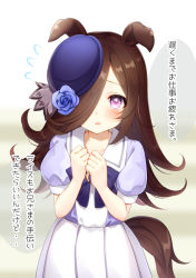 Rule 34 | 1girl, animal ears, blouse, blue bow, blue flower, blue hat, blue rose, blue shirt, blush, bow, brown hair, commentary request, flower, flying sweatdrops, hair over one eye, hands up, hat, hat flower, horse ears, horse girl, horse tail, long hair, looking at viewer, maronie., own hands together, parted lips, pleated skirt, puffy short sleeves, puffy sleeves, purple eyes, purple shirt, rice shower (umamusume), rose, shirt, short sleeves, skirt, solo, tail, tilted headwear, translation request, umamusume, very long hair, white skirt