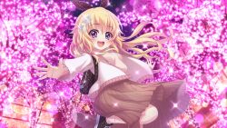Rule 34 | 1girl, :d, backpack, bag, black bag, black bow, black footwear, blonde hair, bow, breasts, brown skirt, christmas, christmas lights, dot nose, film grain, game cg, hair bow, hair ornament, hasegawa mii, izumi tsubasu, jacket, lens flare, long hair, long sleeves, looking at viewer, night, night sky, non-web source, official art, open clothes, open jacket, open mouth, outdoors, outstretched arms, polka dot, polka dot bag, polka dot bow, polka dot footwear, purple eyes, re:stage!, shirt, shoes, skirt, sky, small breasts, smile, snowflake hair ornament, socks, solo, sparkle, sparkling eyes, spread arms, standing, standing on one leg, star (sky), starry sky, teeth, tree, upper teeth only, white jacket, white shirt, white socks
