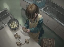 Rule 34 | 1girl, apron, box, braid, counter, cutting board, faucet, female focus, from above, holding, holding knife, indoors, kitchen, knife, low twin braids, original, peeling, potato, reflective floor, roots, sink, solo, standing, tensen (dotted line), too literal, twin braids, what