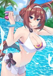 Rule 34 | 1girl, absurdres, ahoge, alternate costume, alternate hairstyle, animal ears, bikini, bikini skirt, blue eyes, blue sky, bracelet, breasts, brown hair, cleavage, cloud, cloudy sky, collarbone, commentary request, hair bun, highres, holding, holding water gun, horse ears, horse girl, horse tail, jewelry, large breasts, light blush, looking at viewer, mihono bourbon (umamusume), o-ring, o-ring bikini, o-ring top, outdoors, palm tree, partially submerged, pool, reibun (raven1119), silver hairband, sky, solo, swimsuit, tail, tree, umamusume, water gun, white bikini