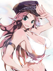 Rule 34 | 1girl, bad hands, bad id, bad pixiv id, bare shoulders, blush, breasts, capcom, choker, cleavage, enomoto hidehira, final fight, green eyes, hat, large breasts, long hair, looking at viewer, midriff, nail polish, navel, no bra, open mouth, peaked cap, pink hair, poison (final fight), profile, salute, shirt, sideboob, simple background, smile, solo, tank top