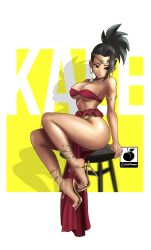 Rule 34 | 1girl, bench, black eyes, black hair, breasts, broly (dragon ball z), broly (dragon ball z) (cosplay), circlet, cleavage, cosplay, dragon ball, dragon ball super, dragonball z, earrings, gold, high heels, highres, jewelry, kale (dragon ball), linkartoon, loincloth, medium breasts, midriff, no panties, open mouth, pelvic curtain, revealing clothes, solo, spiked hair, strapless, thick thighs, thighs, toes, wide hips