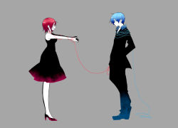 Rule 34 | 1boy, 1girl, blue hair, blue theme, couple, dress, formal, hetero, kaito (vocaloid), meiko (vocaloid), pink hair, profile, red theme, short hair, simple background, string, string of fate, suit, tsuyuka (sunny spot), vocaloid