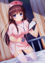 Rule 34 | 1girl, bed, blue eyes, blush, breasts, brown hair, clipboard, closed mouth, commentary request, cross, curtains, dress, dutch angle, female focus, fingernails, fujikura ryuune, garter straps, hair between eyes, hands up, hat, highres, holding, hospital bed, indoors, long hair, looking at viewer, medium breasts, no shoes, nurse, nurse cap, original, pink dress, pink hat, puffy short sleeves, puffy sleeves, red cross, short sleeves, smile, solo, stethoscope, thighhighs, very long hair, white thighhighs