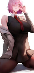 Rule 34 | 1girl, absurdres, black dress, black pantyhose, breasts, covered navel, dress, fate/grand order, fate (series), glasses, grey jacket, hair over one eye, highres, jacket, large breasts, long sleeves, looking at viewer, mash kyrielight, necktie, off shoulder, open clothes, open jacket, pantyhose, parted lips, purple eyes, purple hair, rororo, short hair, single bare shoulder, solo, thighs