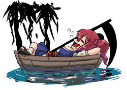 1girl arms_behind_head boat breasts closed_eyes female_focus geta hair_bobbles hair_ornament hashiro large_breasts lying md5_mismatch on_back onozuka_komachi open_mouth red_hair resized saliva scythe sleeping solo tabi tongue touhou twintails watercraft