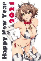 Rule 34 | 1girl, 2021, animal ears, animal print, bell, bikini, breasts, brown hair, collar, commentary request, cow ears, cow horns, cow print, cow print bikini, cowbell, cowboy shot, elbow gloves, fake animal ears, fake horns, gloves, green eyes, happy new year, horns, kantai collection, large breasts, looking at viewer, mutsu (kancolle), new year, parted lips, print bikini, short hair, side-tie bikini bottom, smile, solo, swimsuit, thighhighs, udukikosuke, white bikini, white gloves, white thighhighs