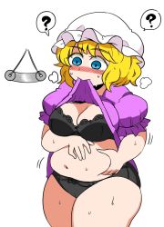 Rule 34 | 1girl, ?, belly, belly grab, belly rub, black bra, black panties, blonde hair, blue eyes, blush, bra, breasts, clothes lift, coin, colored eyelashes, dress, dress lift, fat, female focus, full-face blush, hat, hypnosis, lace, lace-trimmed bra, lace-trimmed panties, lace trim, large breasts, maribel hearn, mind control, mob cap, mouth hold, navel, oasis (magnitude711), panties, plump, grabbing own breast, short hair, solo, spoken question mark, sweat, touhou, underwear
