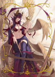 Rule 34 | 1girl, angel wings, black hair, black thighhighs, blindfold, breasts, cleavage, closed mouth, crossed legs, full body, hair ornament, highres, large breasts, long hair, long sleeves, multiple wings, nagihana, original, revealing clothes, smile, solo, staff, tattoo, thighhighs, wide sleeves, wings