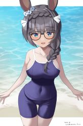 Rule 34 | 1girl, :d, animal ears, bare arms, bare shoulders, black-framed eyewear, black hair, blue eyes, blue one-piece swimsuit, blush, braid, breasts, collarbone, commentary request, covered navel, cowboy shot, dated, day, glasses, gluteal fold, hair over shoulder, highres, hirota fruit, horse ears, large breasts, long hair, looking at viewer, one-piece swimsuit, open mouth, sideboob, single braid, smile, solo, standing, swimsuit, thigh gap, tracen swimsuit, twitter username, umamusume, water, zenno rob roy (umamusume)