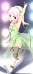 Rule 34 | 1girl, :d, blush, boots, collar, dress, green eyes, hat, highres, leash, microphone, open mouth, pink hair, sekine irie, smile, solo, thighhighs