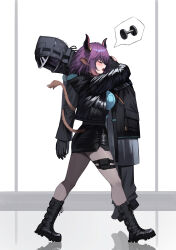 Rule 34 | 1girl, 1other, absurdres, animal ears, arknights, black footwear, black jacket, black skirt, blue shirt, blush, boots, breasts, carrying, carrying person, closed eyes, clothing cutout, commentary, cross-laced footwear, doctor (arknights), dumbbell, english commentary, grey pantyhose, highres, hood, hood down, hood up, hooded jacket, horns, jacket, kimsuwan2013, lace-up boots, medium breasts, open mouth, pantyhose, profile, purple hair, reflection, shirt, sideroca (arknights), skirt, tail, tail through clothes, tail wrap, walking, white background
